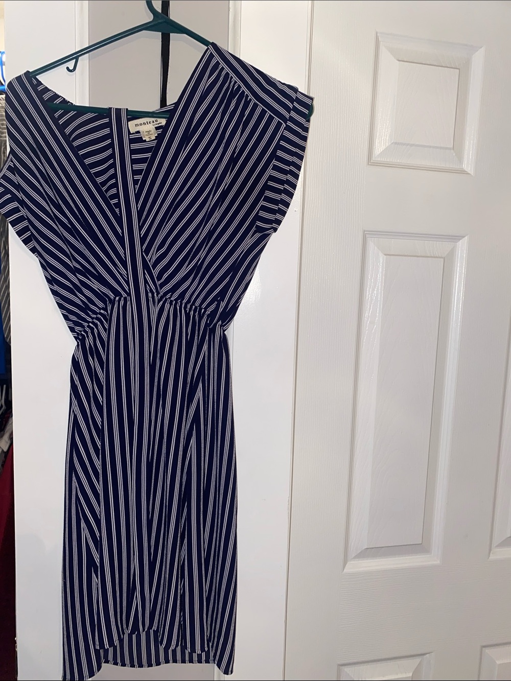 Navy and White Striped V-Neck Midi Dress